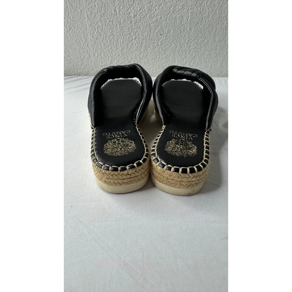 Vince Camuto Black Leather Quilted Twist Espadrille Platform Slide Sandals